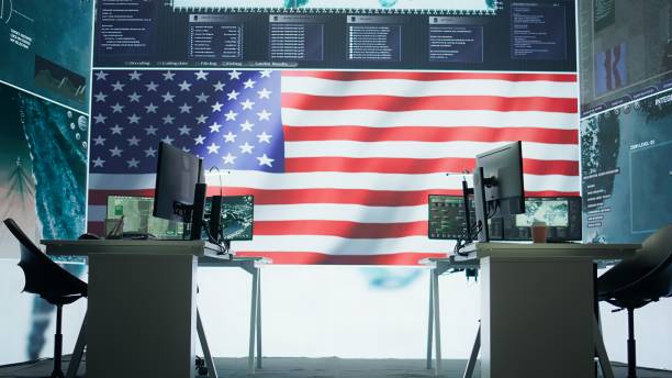 istock Empty American military control center with high tech gear and big screen 2162426978