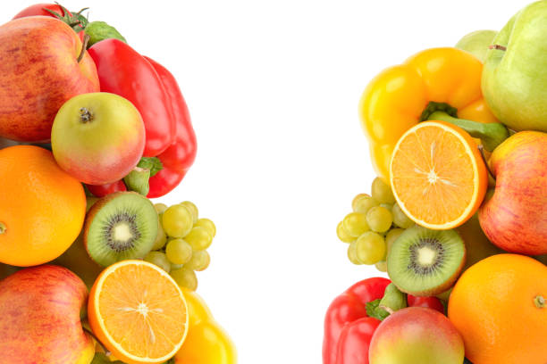 Fruits and vegetables in a wicker basket isolated on a white background. Collage. Free space for text.