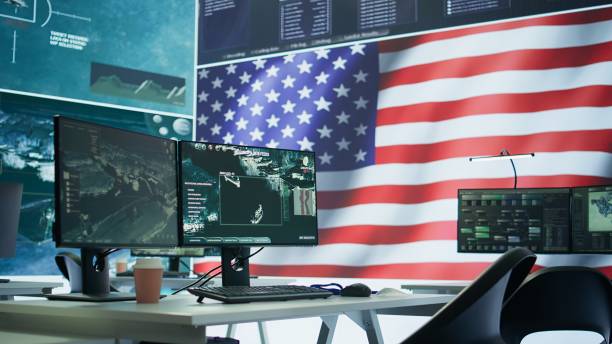 istock Empty operation room with American flag running on big screen in control tower 2162427820