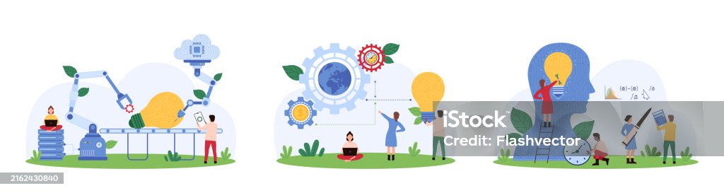 Project Development Images Cartoon Innovation Project Development With Ai Set Tiny People Build Light Bulb ...