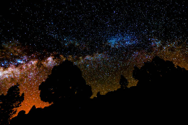 The sky is dark and filled with stars. The stars are scattered all over the sky, creating a beautiful and serene atmosphere