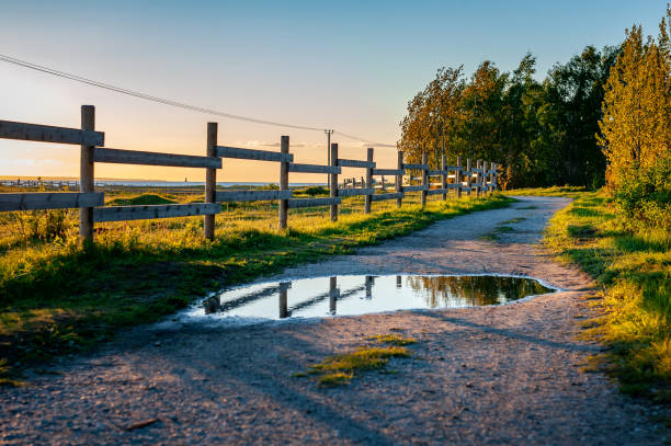 A footpath with puddles running along the fence. Hiking trail in Paljassaare, Tallinn,  Estonia.