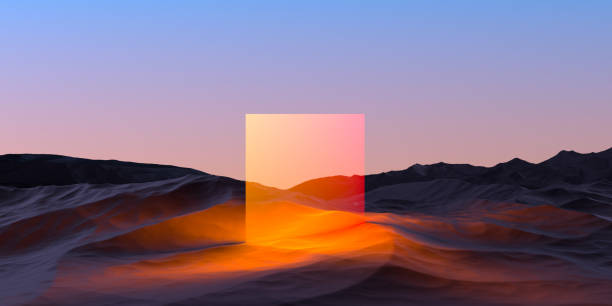 Abstract sci-fi mountain landscape on sky horizon and glowing neon panel. Electric luminous square in mountains,wallpaper,banner.3D render