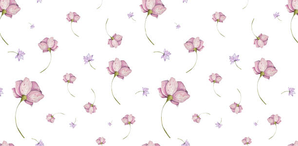 istock Seamless Pattern Purple Lilac Flowers. Light Delicate Roses, Bluebell , Abstract. Watercolor Botanic Illustration. Decorative Elements for Cards, Invitations, Textiles, Stationery, Clothing 2162436609