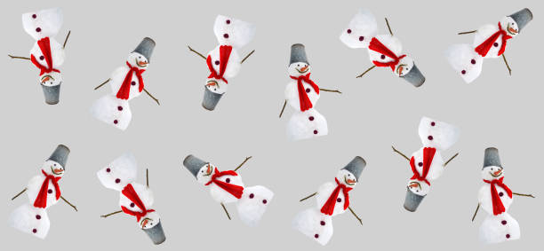 Minimalist gift wrapping paper pattern. Christmas, winter theme. A snowman with a red knitted scarf, a bucket on his head, a carrot nose