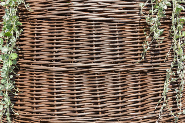 Wicker basket with leaves falling down on the sides.