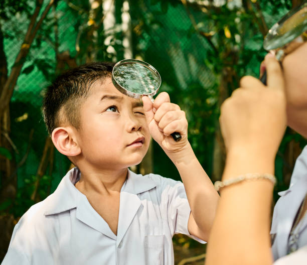 istock Schoolboy observing nature through magnifying glasses 2162446863