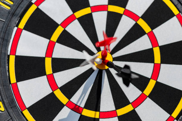3d Render Blue Dart Arrow, Hit the target from 12, Concept to achieve success and target (isolated on white and clipping path)