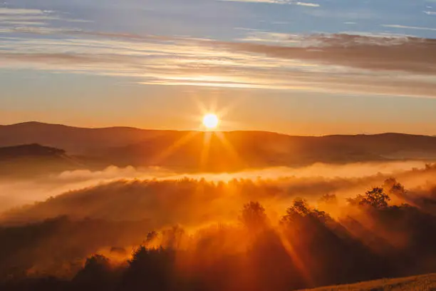 Beautiful Sunrise View on Foggy Forest in Tuscany, Italy with Green Hills and Cypress Trees on a Sunny Spring Day Beautiful Sunrise View on Foggy Forest in Tuscany, Italy with Green Hills and Cypress Trees on a Sunny Spring Day
