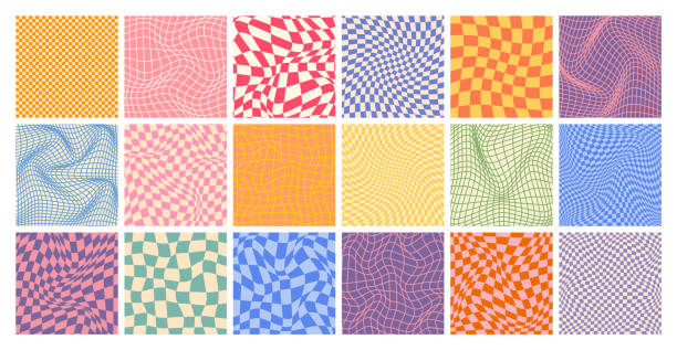 Groovy checkered pattern, colorful distorted tiled grid. Vintage wavy curved backdrop, distortion effect. Funky geometric chessboard texture, retro background in 90s style, y2k. Vector illustration Groovy checkered pattern, colorful distorted tiled grid. Vintage wavy curved backdrop, distortion effect. Funky geometric chessboard texture, retro background in 90s style, y2k. Vector illustration. distorted image stock illustrations