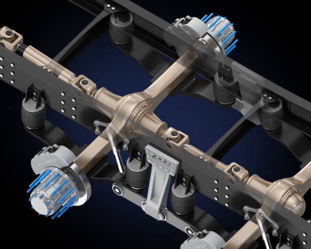 istock Isometric view of Semi truck frame,  axle system on black background 2162469461
