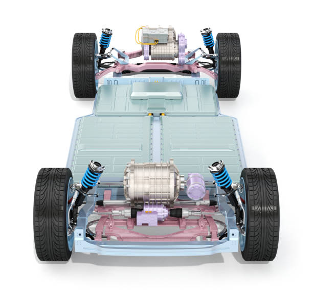 istock Front view of electric vehicle chassis equipped with battery pack on white background 2162469573