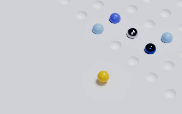 Purple sphere pushing white spheres on blue background. Horizontal composition. Strength concept.