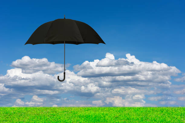 istock Black umbrella in mid-air against blue sky 2162474768