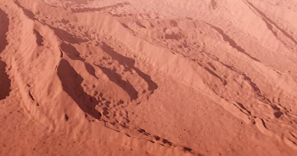 A Martian scene showcasing empty, dust-laden plains