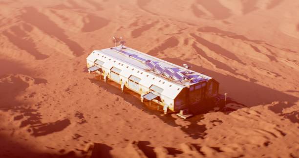 istock A sleek, industrial space station rises from Mars' dusty desert 2162474918
