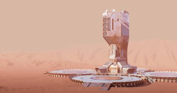 istock A futuristic tower on Mars, surrounded by a platform amidst a dusty desert 2162474988