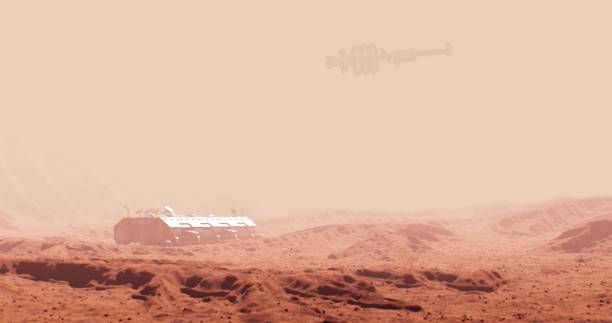 A space station with futuristic industrial elements stands on the dusty Martian desert