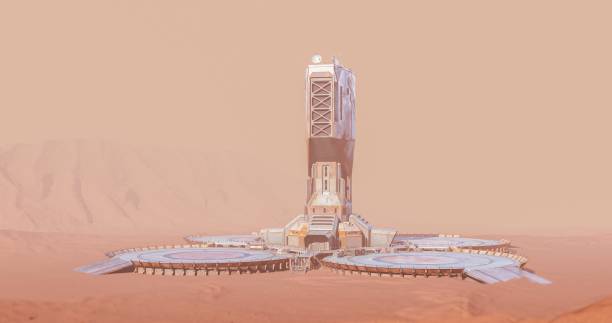 On the Martian surface, a sleek tower with industrial design is surrounded by a circular platform, all against a dusty desert backdrop