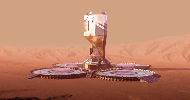 istock A sleek tower on Mars, encircled by a platform in a barren, dusty desert 2162475014