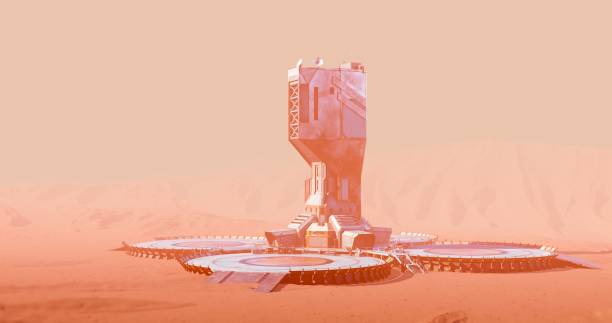 A Martian landscape showcases a futuristic tower with industrial elements, surrounded by a circular platform and set against a dusty desert scenery