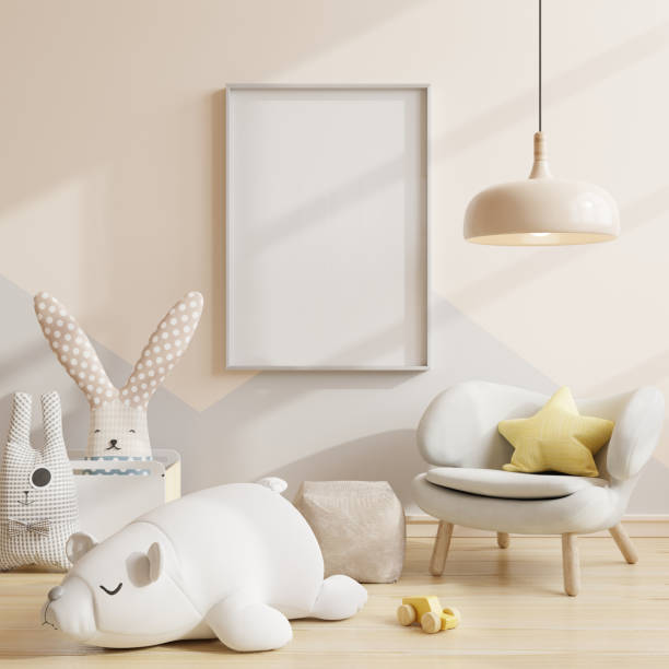 istock Mockup frame poster in a cozy, minimalistic children's room featuring soft pastel colors- 3D rendering 2162477208