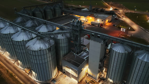 Sunset View of a Large Agricultural Silo Complex