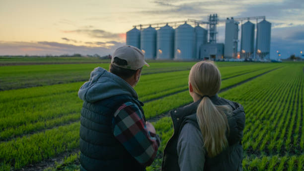 istock Caucasian Farmers Evaluating Wheat Field with Silo at Dusk 2162479980