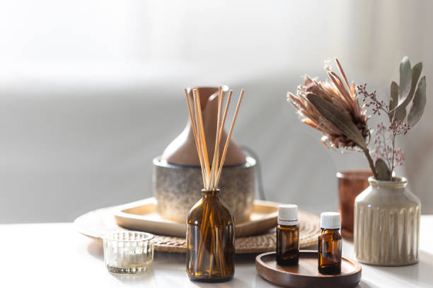 istock Spa composition with incense sticks, air humidifier and aroma oils. 2162481260