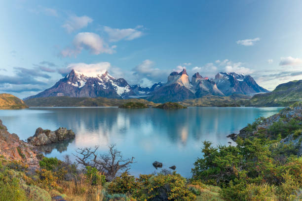 high angle view on lake pehoe in front of majestic panorama of Mountain range in Torres del Paine national park, Patagonia-Chile