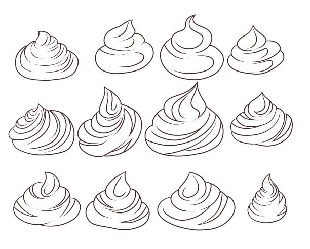 ilustraciones, imágenes clip art, dibujos animados e iconos de stock de conjunto vectorial de merengues y cremas de dibujos animados de contorno aislados del fondo. colección de céfiros dulces de contorno. imágenes prediseñadas de alimentos de arte lineal monocromático - nata montada