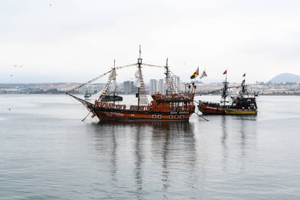 Coquimbo, Chile - March 15, 2019: Vintage sailing ships anchor at Coquimbo bay.