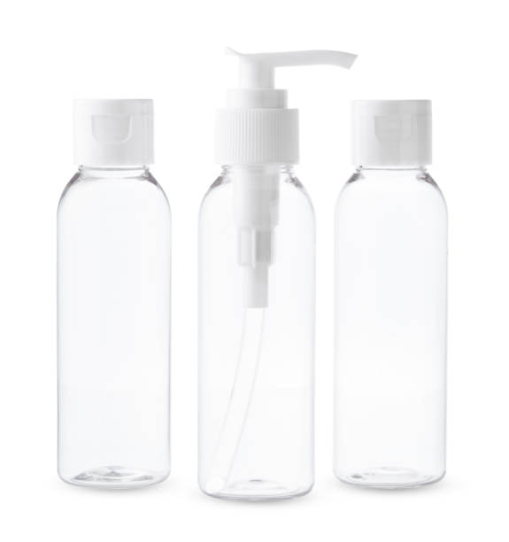 istock Three Clear Plastic Bottles With White Caps and Pumps on a White Background 2162488368