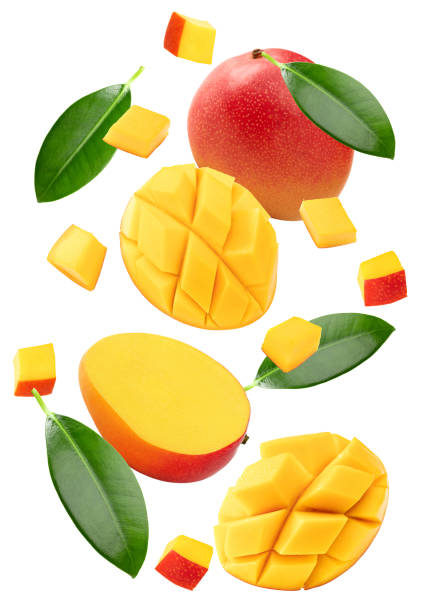 istock flying mango with slices and green leaves isolated on white background. clipping path 2162489376