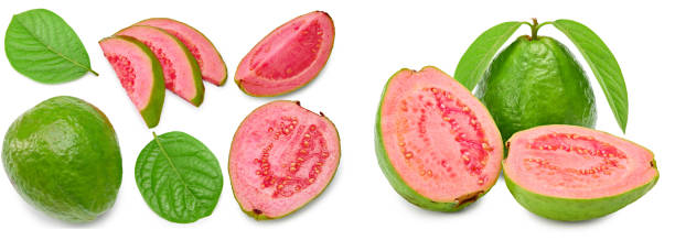 istock guava with slice and green leaves isolated on white background. clipping path 2162489396