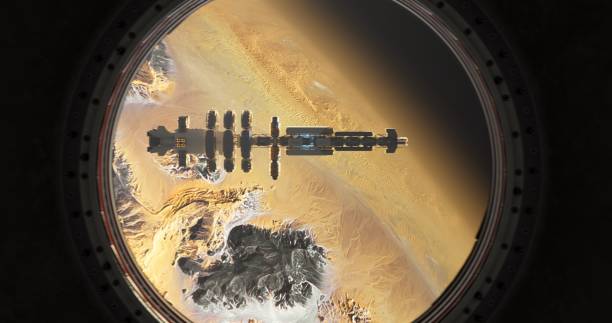 istock From the porthole, a space station is seen hovering above a desert planet 2162490176
