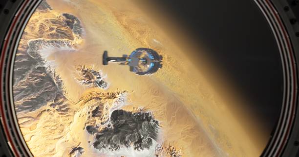 istock Peering through the porthole, a space station is suspended over a desert planet 2162490179