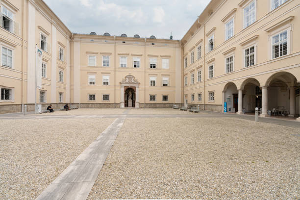 Salzburg, Austria. July 1, 2024.  View of the internal courtyard of the Student Representation Juridicum Salzburg building in the city center