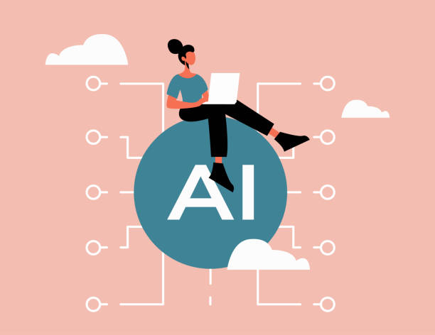 AI Artificial Intelligence, Woman with Laptop, Digital Technology, Machine Learning Concept, AI Integration, Future Technology, Innovative Solutions, Data Analysis, Tech Illustration, Artificial Intelligence Development This illustration depicts a woman with a laptop sitting on a large "AI" symbol, representing the concept of artificial intelligence. Ideal for content related to AI, machine learning, digital technology, and innovative solutions, this image highlights the integration of AI in modern technology and data analysis. Perfect for articles, blog posts, and presentations on AI development, future technology, and the impact of artificial intelligence on various industries. artificial intelligence business stock illustrations