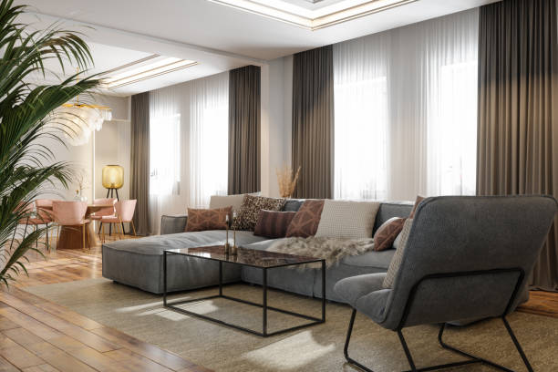 istock Modern Living Room Interior With Corner Sofa, Armchair, Dining Table And Chairs 2162496404