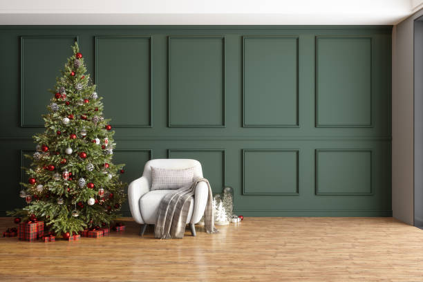 Living Room Interior With Christmas Tree, Gift Boxes, Armchair And Empty Green Wall