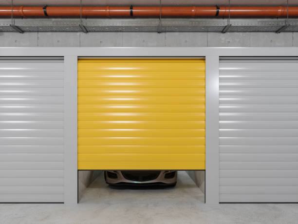 istock Front View Of Opening Garage Door With Parked Car Inside 2162496752