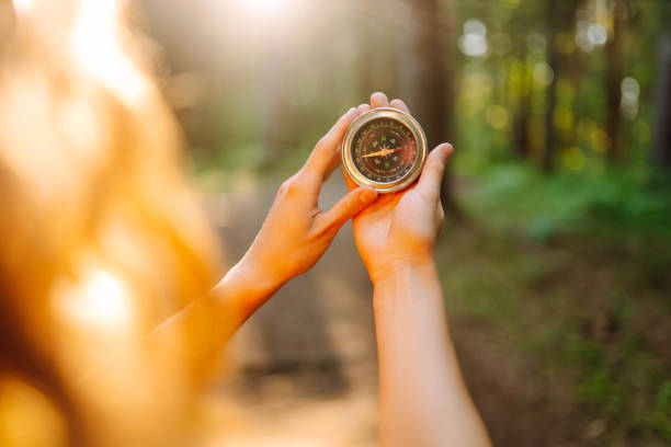 Hands of woman holding navigational compass.