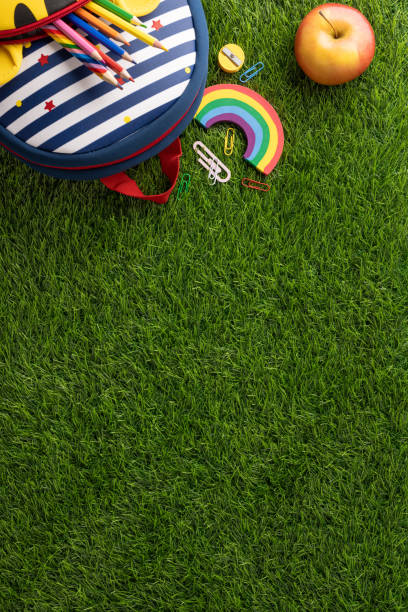 istock Backpack with school supplies on vertical green grass. Assorted stationery items including colored pencils, paper clips, and an apple 2162502446