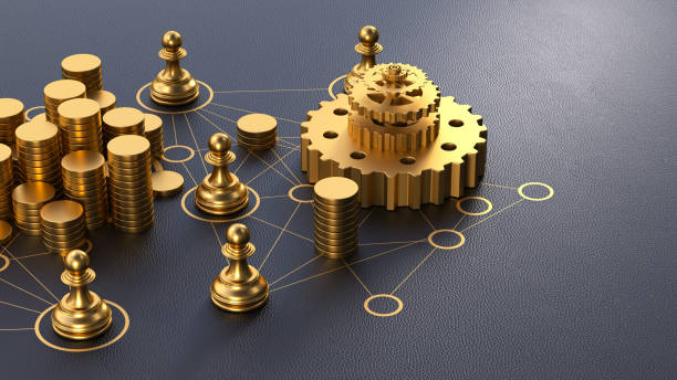 istock Gold Circles Connected by Lines Representing a Communication Network, Featuring Economic Symbolism with Gold Stacks, Chess Pawns for Individual Communication, and a Machine Gear for Work Power. 3D Rendering. 2162506640