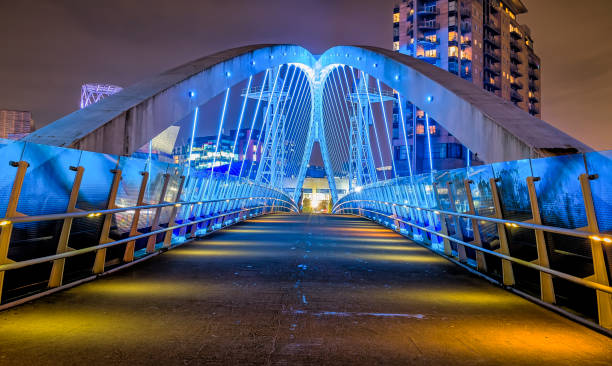 An aerial photograph of Manchester Ship Canal with an illuminated blue bridge. The photograph was created during 'golden hour' in Salford, Northwest England.