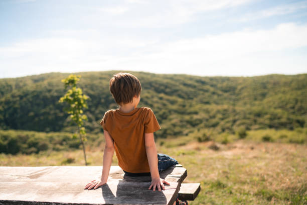 Rear view of little boy sitting on top of the hill during sunny day