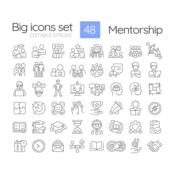 ilustraciones, imágenes clip art, dibujos animados e iconos de stock de conjunto de iconos lineales de tutoría - mentoría