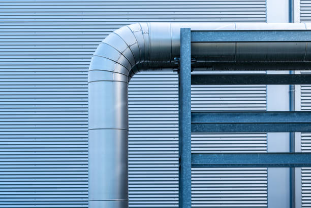 Germany, Berlin, Adlershof, July 15, 2024 -Metal pipes in a factory