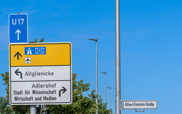 Germany, Berlin, Adlershof, July 15, 2024 -Road direction signs in Berlin Adlershof